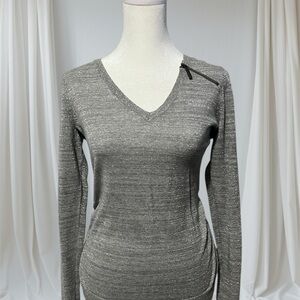 DKNY JEANS Gray V-Neck Sweater with Metallic Accents & Zipper
